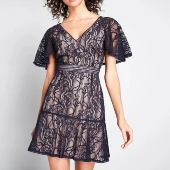 Bb Dakota Dresses | Nwt Bb Dakota Navy Blue & Tan Lace Cocktail Mini Dress | Color: Blue/Tan | Size: 2 | Sabrina_Styles's Closet